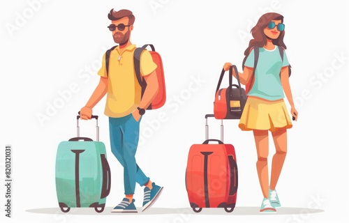 Whimsical wanderlust: amusing cartoons showcase tourists with suitcases, embarking on vibrant vacation escapades filled with fun, discovery, and adventure, exploring the world's wonders.