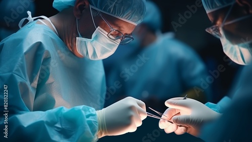 Skilled surgeon in blue surgical gown and cap performing a meticulous operation on a patient, assisted by a nurse in the well-lit operating room, with focus on teamwork, precision, and patient care