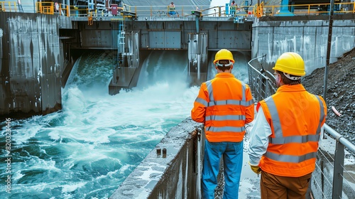 Two engineers in orange safety vests and yellow helmets standing at the dam gate of a river. Three groups inspecting a power station with water flow in the background. A waterway tunnel, back view.