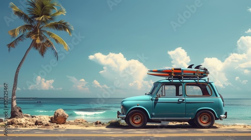 A vintage car with a surfboard on its roof parked on a tropical beach , A summer holiday