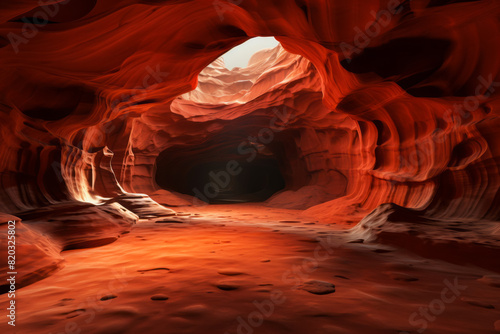 In the darkness of the cave, a beam of light shines out, illuminating the rocky walls. This natural landscape forms a captivating scene of light and shadow, creating a beautiful, artful display