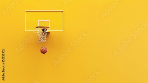 3D rendering of a basketball hoop with a basketball going through it on a yellow background.