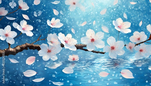 シンプルでクールに水に浮かぶ美しい桜の花びらと仄かな青い輝き、煌びやかなアクセント、よりくっきりと表現 Generated by AI