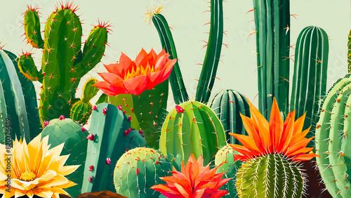 Prickly ornamental plants and a variety of cactus 16:9 with copyspace