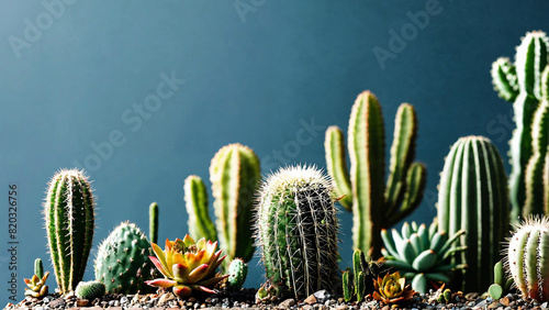 Prickly ornamental plants and a variety of cactus 16:9 with copyspace