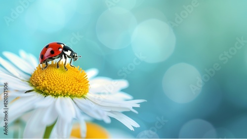 a ladybug on top of a daisy flower, with a blue background and copy space for text. Web banner in the style of a beautiful white and yellow wildflower pastel color theme