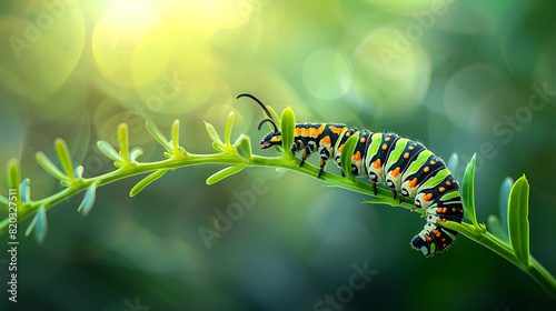 The vibrant caterpillar crawling on the green stem against a blurred natural background evokes a sense of wonder and curiosity