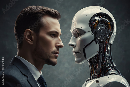 Human vs Artificial Intelligence Concept. Human Businessman and Robot Facing Each Other. Robot versus human. Competition between humans and artificial intelligence