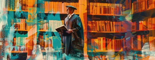 A man standing in a library, holding a book The shelves are full of books. AIGZ01