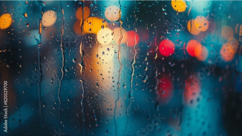 Rain drops on a window with blurry background indicating rainy day. with high resolution photography, copy space for text banner background