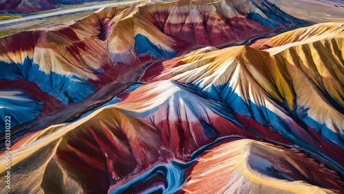 Aerial view on the most colorful section of rainbow mountains 16:9 with copyspace