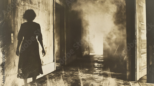 demonic possession of a girl with a dress, with the silhouette of a shadow projected on the wall vintage sepia photography in pictorialism style, with a ghostly apparition amidst the mist