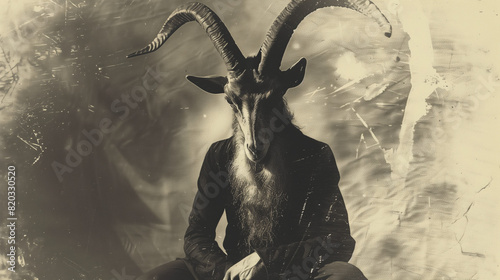 diabolical representation of evil, with goat head with large horns and human body. old sepia-toned photograph of baphomet performing a satanic ritual