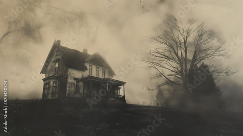 Old sepia toned photograph of an old haunted mansion under a cloudy sky, and a bare-branched tree. terrifying nightmare scenario