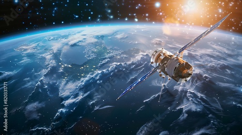 Space satellite moving outer the space with Earth plant background, satellite orbit for sending signals to ground