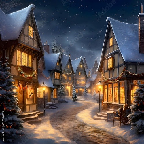 Beautiful Christmas village with houses in the snow at night. 3d rendering