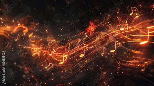 A flowing trail of musical notes and symbols, all glowing and intertwined against a dark background with light particles, depicts the concept of music and rhythm in a dynamic and abstract manner. real