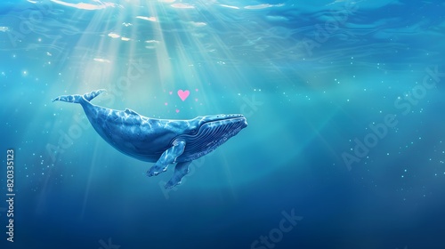 Valentines background of Blue whale swimming in ocean with lovely heart shape flying in the air 
