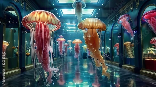 A jellyfish exhibit with glowing, translucent jellyfish floating gracefully