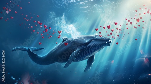 Valentines background of Blue whale swimming in ocean with lovely heart shape flying in the air 