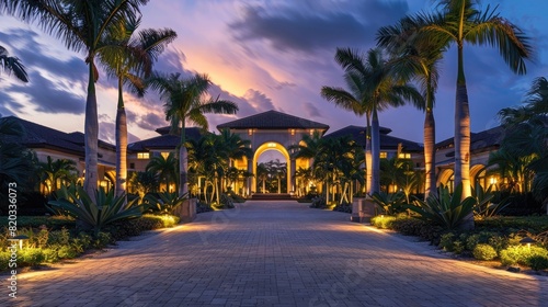 A symmetrical view of a luxurious home entrance flanked by illuminated tropical plants during twilight realistic hyperrealistic 
