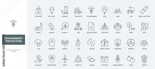 Environment and ecology protection line icons set. Smart eco house and green energy of wind and solar panel, power battery and bio fuel thin black and red outline symbols, vector illustration