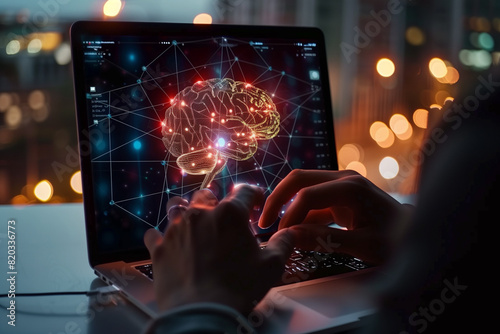 Person prompting on laptop with brain of AI Machine learning artificial intelligence of technology. AI network of digital brain circuit business intelligence data prompt engineering