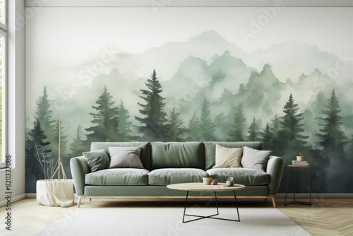 The living room is furnished with a couch, coffee table, and features a wall mural depicting trees and mountains, creating a cozy and natural atmosphere