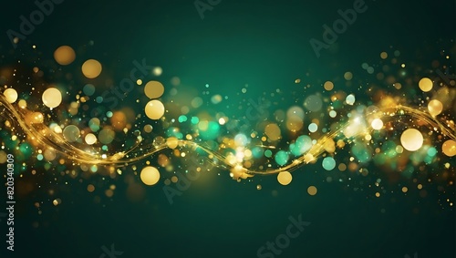 Abstract blur bokeh banner background. Gold bokeh on defocused emerald green background. AI Generative.