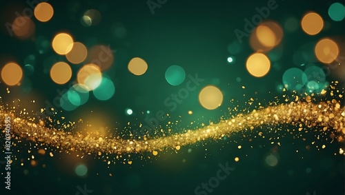 Abstract blur bokeh banner background. Gold bokeh on defocused emerald green background. AI Generative.