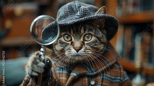 Cute cat in a detective costume with a magnifying glass, dressed as Sherlock Holmes