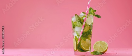 Refreshing mojito with mint leaves, lime slices, and a pink straw against a bright pink background