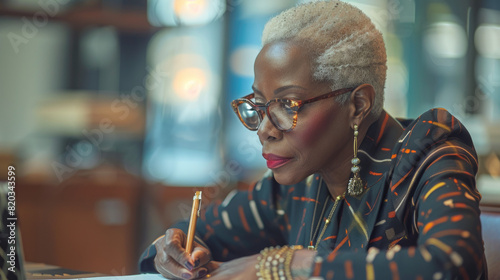 Senior female executive taking notes during a business strategy session