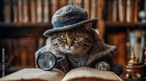 Cute cat in a detective costume with a magnifying glass, dressed as Sherlock Holmes