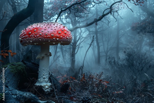 A vibrant red mushroom with white spots standing alone in a mysterious foggy forest, creating an enchanting and magical atmosphere.