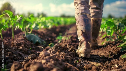 Person in boots walking through field with young crops