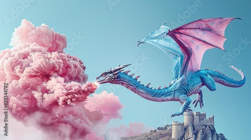 A majestic dragon soaring above a medieval castle with fiery breath