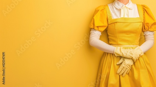 Person in yellow dress with white blouse and gloves against background