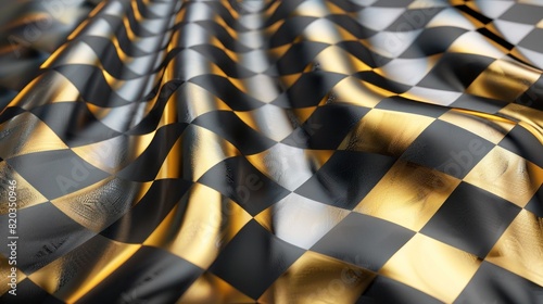 Checkered gold flag wave flying on black, blank space design, sport race championship success background 