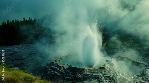 Lush greenery surrounding a geysers powerful eruption