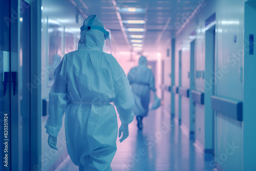 Medical staff in PPE walking down a hospital corridor, lit in blue and purple tones