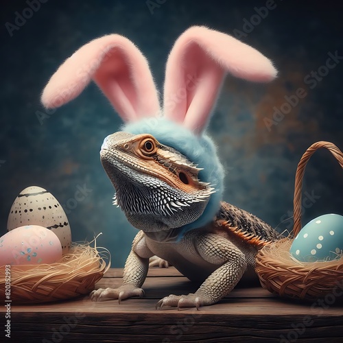 agama in a hat in the form of fluffy bunny ears, Easter card