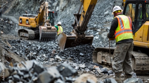 A group of miners in hard hats and reflective vests operating heavy machinery to break through layers of rock and earth.