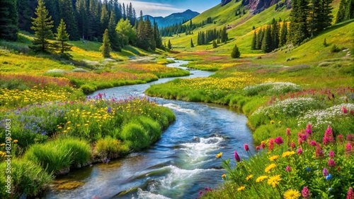 A babbling brook winding its way through a lush meadow, bordered by colorful wildflowers