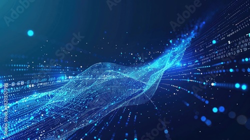 Abstract background with glowing blue lines and dots in the shape of an arrow on a dark blue background. Digital line illustration of data transfer