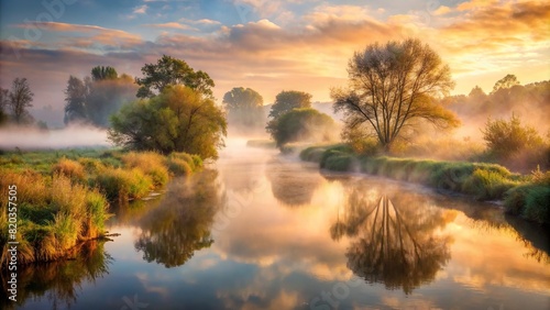 A misty morning scene with fog rolling over a tranquil river, creating an ethereal and mysterious atmosphere