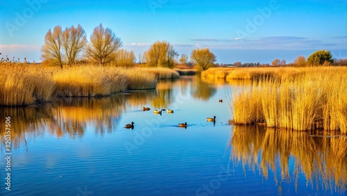 A tranquil marshland with tall reeds and waterfowl, reflecting in the still waters under a clear blue sky