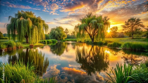 A tranquil pond surrounded by tall grasses and weeping willow trees, reflecting the soft colors of the setting sun