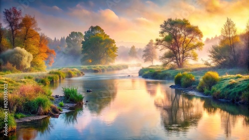 A peaceful river flowing gently through a misty morning, painted with soft, dreamy watercolors that evoke a sense of tranquility.