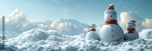 Simple Snowman Building Scene: Winter Landscape with Empty Canvas Backdrop